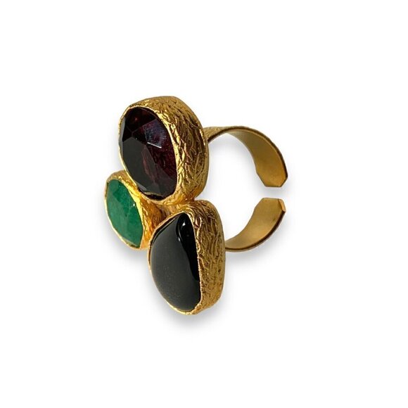 NEW Cocktail Ring 24K Gold Plated Onyx Amethyst Emerald Gem Cluster Adjustable - Picture 6 of 11
